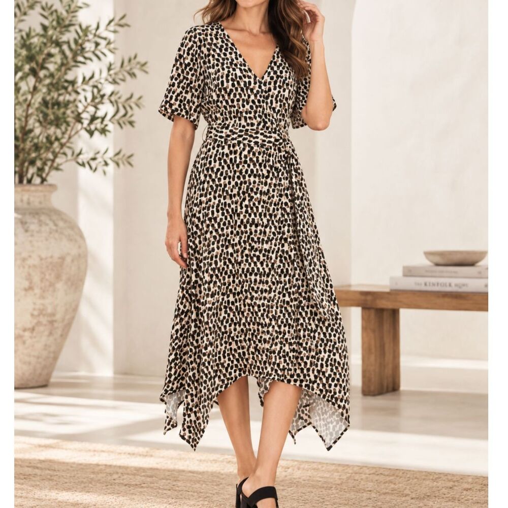 Banana Republic Abstract Animal Print Midi Dress 8 Olive Black Corporate Core